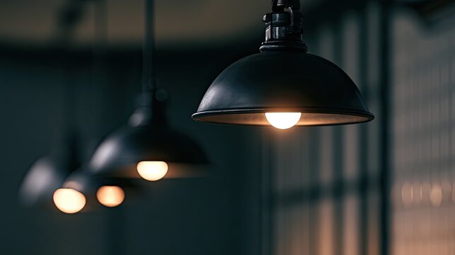 Row of dark, industrial-style hanging lamps with glowing bulbs