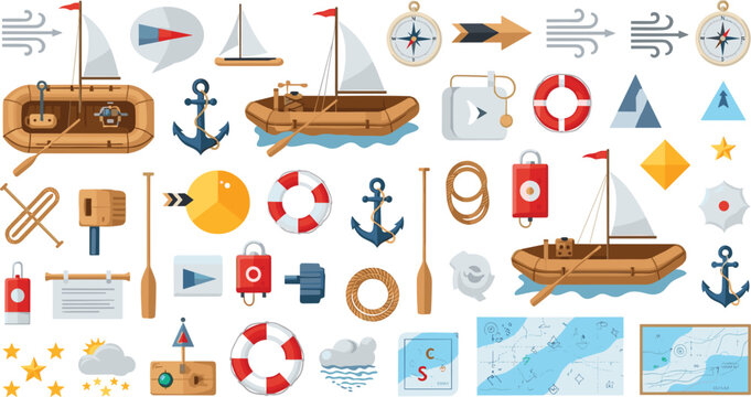 Sailing and maritime adventure symbols flat pack featuring rowboats marine tools wind symbols and charts