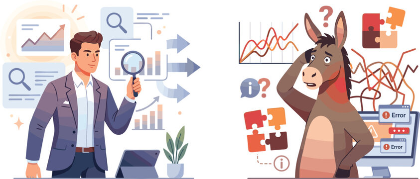 Smart data analyst with magnifying glass compared to stressed mule character facing market graph confusio