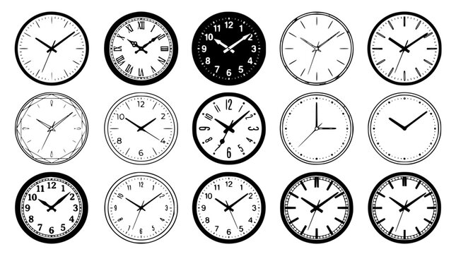 Collection of classic analog wall clock faces and round watch dial templates isolated on white background for interior decor vector illustration