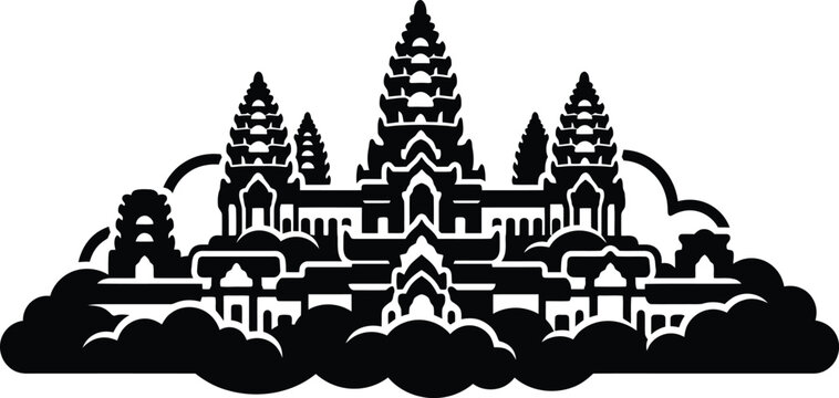 Angkor wat temple complex silhouette against a white background a detailed black and white vector illustration angkorwat temples