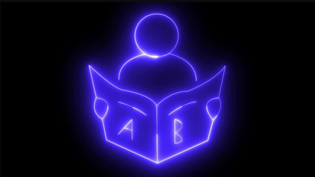 glowing neon person reading book icon isolated on black background. futuristic education, learning, knowledge, and study concept. 4k video animated 