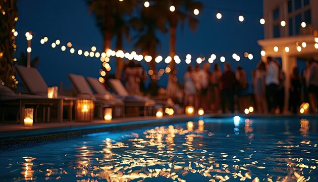 Illuminated poolside party with blurred guests and festive string lights