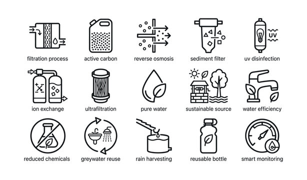 Water treatment and conservation icons arranged on white background