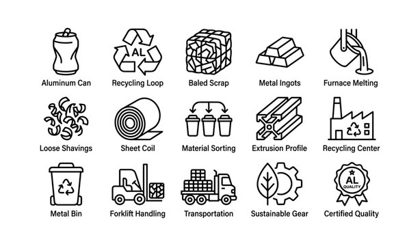 Aluminum recycling and processing icons arranged in grid layout