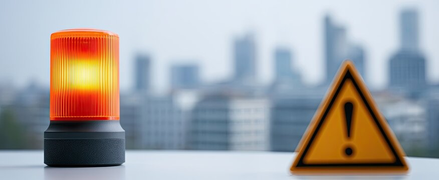 Bright orange warning light and hazard sign against blurry city skyline