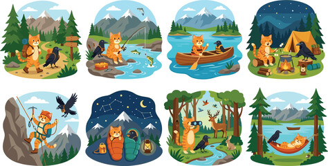 Wildlife outdoor exploration illustration collection featuring ginger kitty and crow character hiking camping sleeping in tent and relaxing in hammock © Kulsum