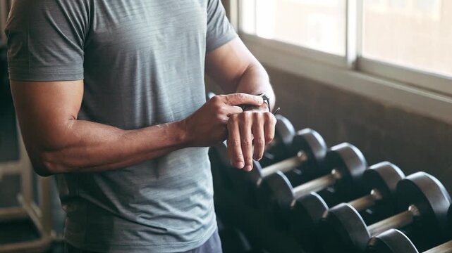 Athlete in a gym checks a smartwatch beside a rack of dumbbells, timing a strength workout near a bright window.