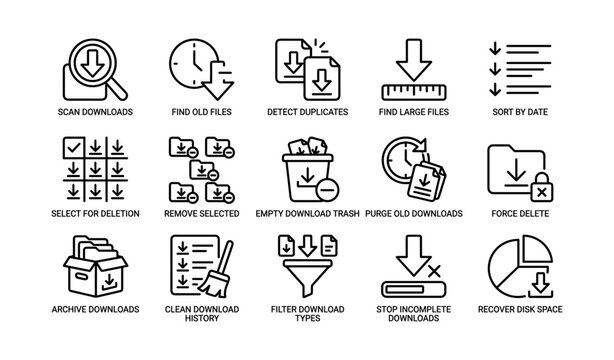 Download manager and cleanup icons set on white background