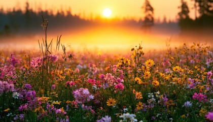 Fototapeta premium Misty sunrise illuminates a vibrant field of wildflowers