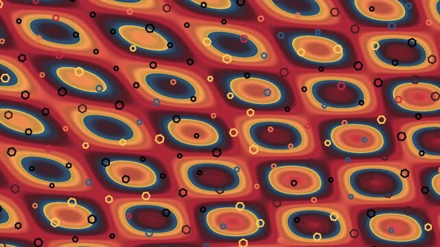 Abstract psychedelic pattern featuring repeating eye-like shapes with vibrant warm colors on dark background