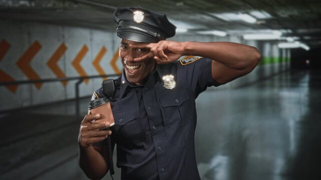 Man in police uniform holding a coffee cup and radio mic, flashing a peace sign with his hand in a parking building corridor, smiling broadly; playful camaraderie.