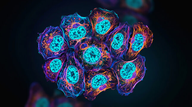 Vibrant fluorescent cells with glowing blue nuclei and orange cytoplasmic structures against dark background