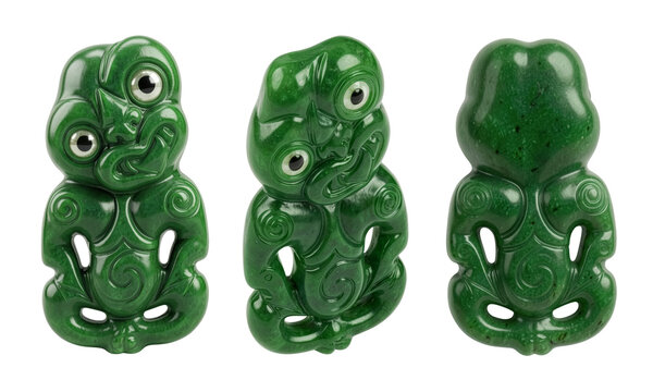 Maori greenstone hei tiki pendant set shown from different angles isolated on a transparent background, PNG