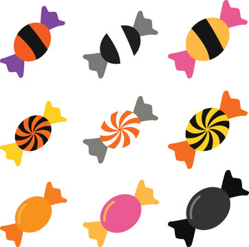 Collection of colorful candy icons, including striped, solid, and swirl designs, perfect for Halloween treats and festive decorations.