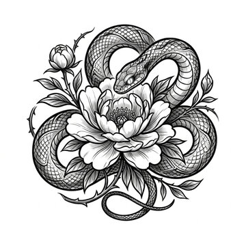 Intricate vector illustration of a mystical coiled snake with ornate scale patterns and esoteric symbolism, isolated on a white background, suitable for occult or spiritual graphic design.