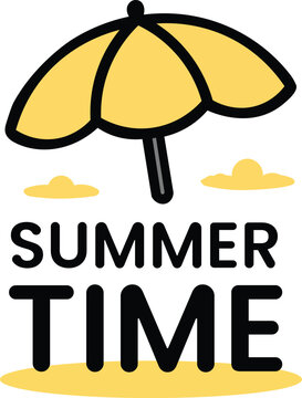 "SUMMER TIME" typography design featuring a minimalist yellow beach umbrella icon in a flat vector style.
