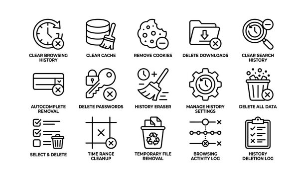 Icons showing data deletion and history cleanup on white background