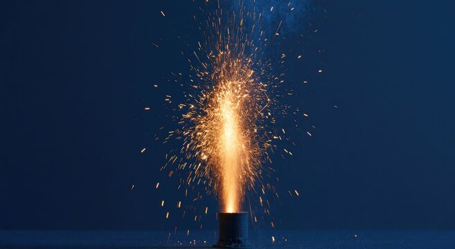 A fountain of bright sparks erupts from a small device