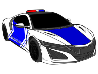 illustration of a modern police sports car featuring a sleek aerodynamic design, blue and white law enforcement livery, and a rooftop emergency light bar. Created in a clean flat cartoon style © Fazrul
