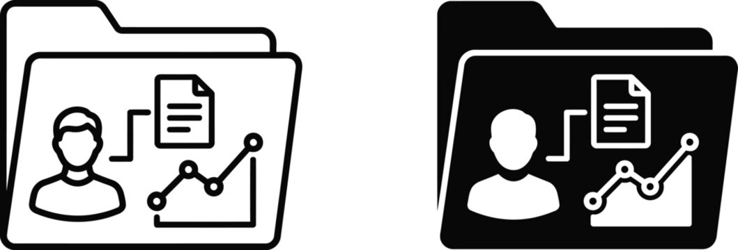Black and white file folder icons with user profile and graph
