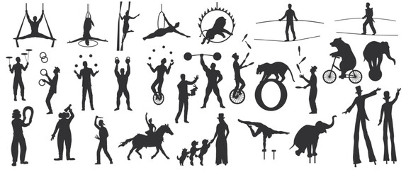Set of vintage circus performer silhouettes with acrobats, jugglers, animals and entertainers on white background. Vector illustration © 100% HAND-CRAFTED