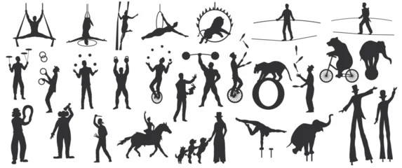 Set of vintage circus performer silhouettes with acrobats, jugglers, animals and entertainers on white background. Vector illustration © 100% HAND-CRAFTED