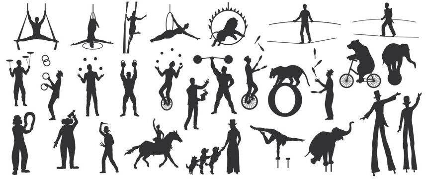 Set of vintage circus performer silhouettes with acrobats, jugglers, animals and entertainers on white background. Vector illustration