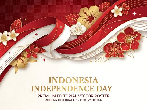 Indonesia independence day celebration banner with red and white ribbons and tropical flowers vector design