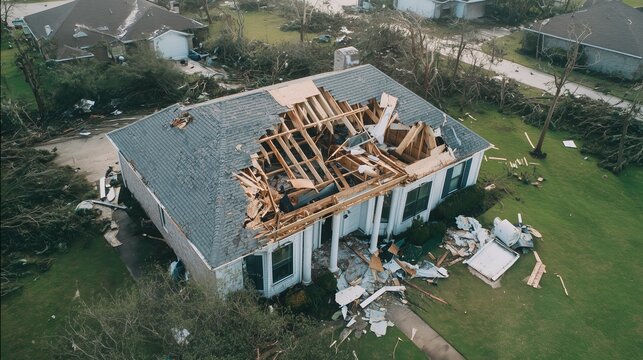 Aerial view of a residential house with severe roof damage exposing wooden beams and structural framework, debris scattered across yard after a powerful storm or hurricane event.