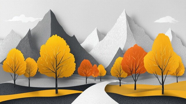 Stylized paper cut illustration of an autumn landscape featuring golden and orange trees, geometric gray mountains, and a winding road creating a serene seasonal scene.