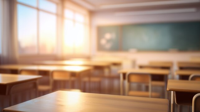 Empty classroom interior with wooden desks and chairs bathed in warm sunlight, chalkboard visible in blurred background, evoking education and learning atmosphere.