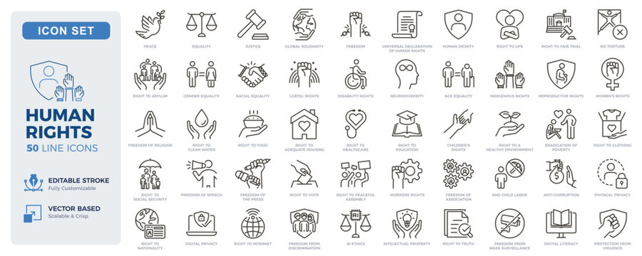Human rights, equality and social justice icons. Civil liberties, inclusion and fundamental rights thin line icon set. Editable stroke vector illustrations.