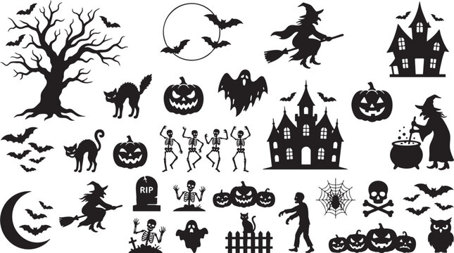 Halloween silhouettes collection spooky vector graphics for seasonal decorations party supplies and digital designs
