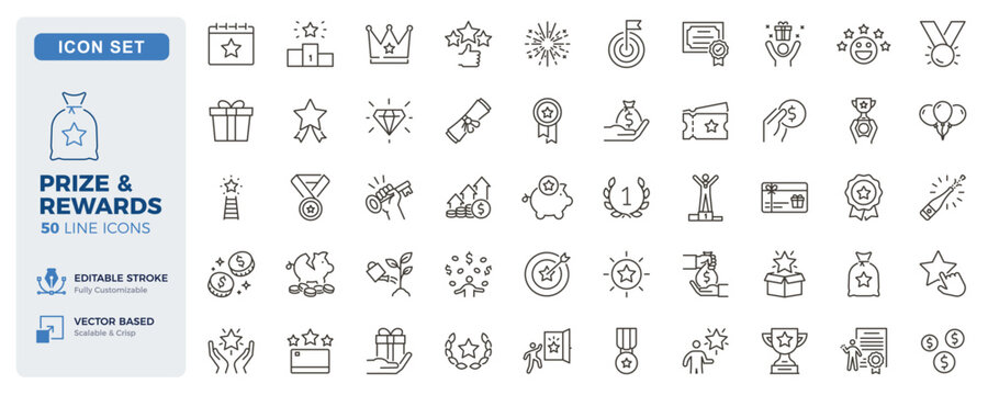Awards, prizes and recognition icons. Achievement, rewards, loyalty and incentive thin line icon set. Editable stroke vector illustrations.