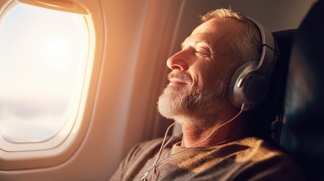 A middle-aged Caucasian man relaxes in an airplane seat wearing headphones, eyes closed with a calm smile, sunlight streaming through the cabin window during flight.