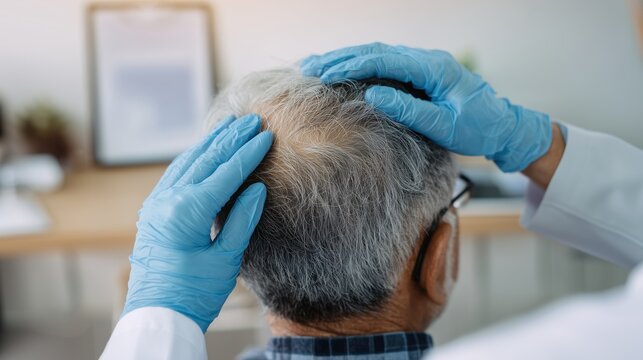 Doctor in blue latex gloves examines scalp and hair of middle-aged East Asian man during dermatology consultation at clinic.