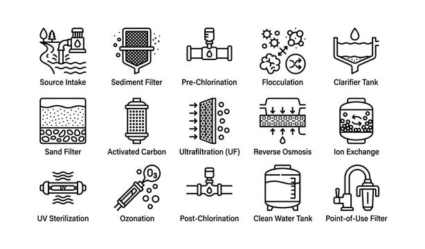 Water treatment icons showing filtration stages on white