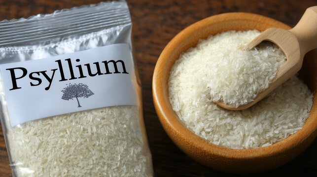 Psyllium husk powder displayed in a clear labeled bag beside a wooden bowl and scoop, showcasing a natural dietary fiber supplement for digestive wellness.