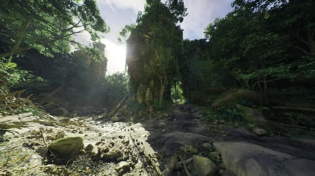Sunlit tropical canyon with towering pillar and sunbeams, mosscovered boulders and braided stream winding through lush foliage warm golden light creates