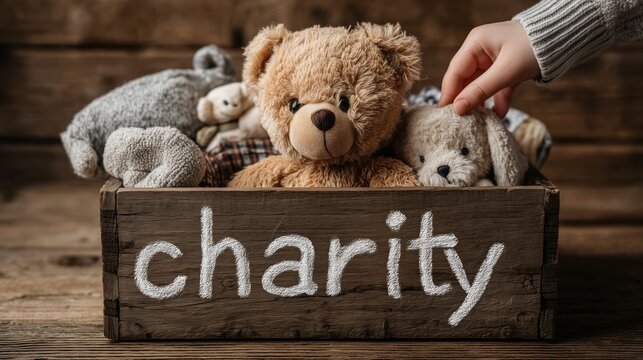 A hand placing a stuffed toy into a rustic wooden crate labeled charity, filled with plush teddy bears and soft toys, symbolizing generosity and community support.
