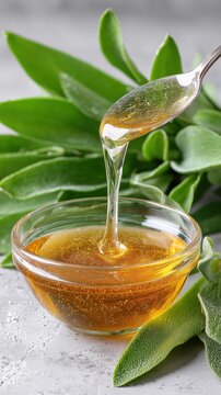 agave syrup dripping from a metal spoon into a glass bowl surrounded by fresh green leaves on a light surface, evoking natural wellness and organic living.