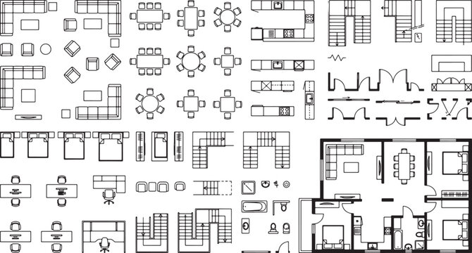 Architectural floor plan furniture symbols and interior design elements set for residential building layout planning vector illustration