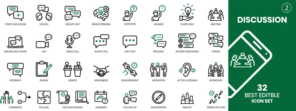 Team communication icon set, Group chat icons, User discussion symbols, Community conversation icons. Editable discussion icons set for communication and collaboration