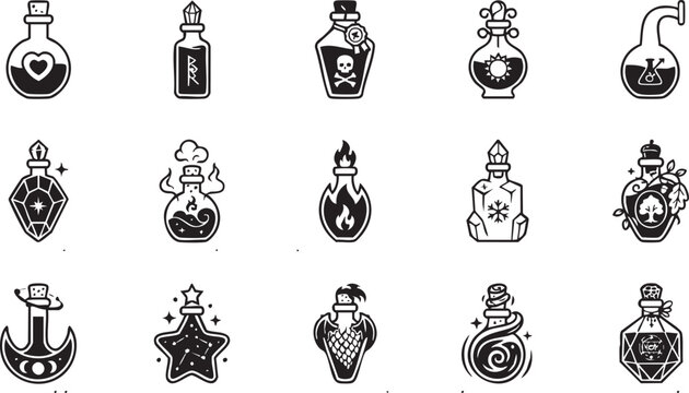Mystical Potion Bottle Icon Collection for Fantasy Designs