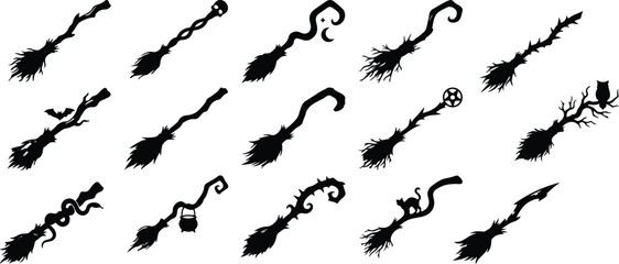 Fototapeta premium Collection of black silhouette witch broom illustrations for halloween designs