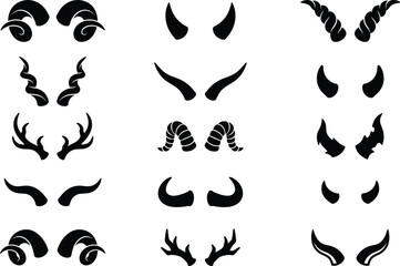 Fototapeta premium Demon and animal horns silhouettes collection set.