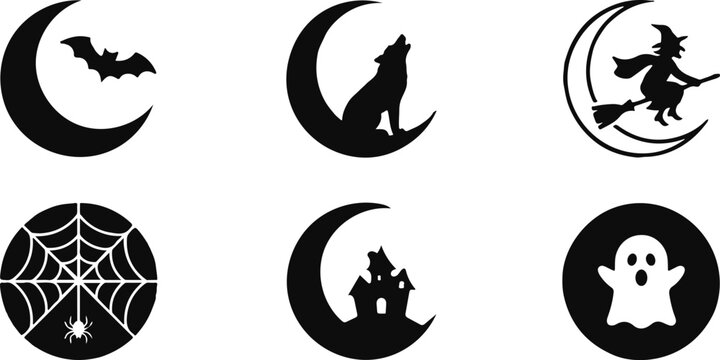 Set of black moons in a grunge brushstroke style. Goth moon for design and prints. Vector illustration isolated on a white background. and six unique witch hat designs in black and white