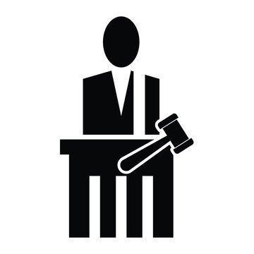 Black and White Silhouette of Person in Judge Robe with Gavel Icon
