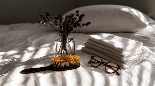 Soft light illuminates a neatly made bed with personal items